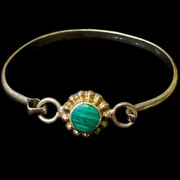 Vintage Malachite Taxco Mexico Sterling Silver 925 Hook Lock Bracelet Bangle - Picture 1 of 7
